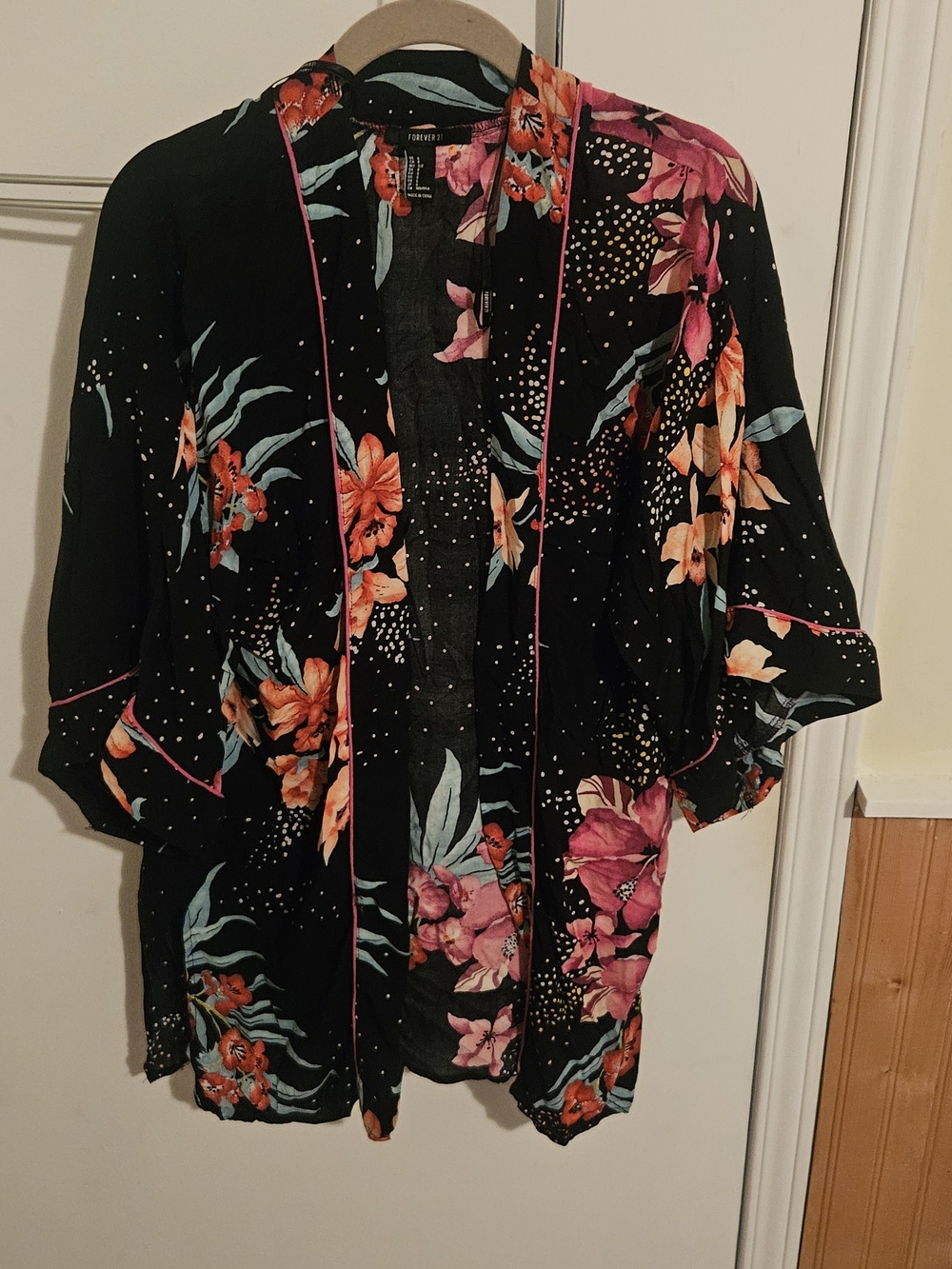 Forever 21 Black Floral Kimono Cardigan with Pink & Orange Accents